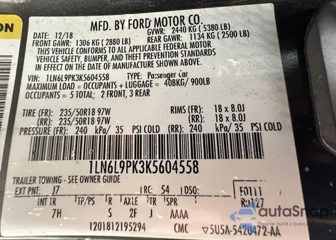 2019 Lincoln Continental Standard z USA, uszkodzony, nr VIN 1LN6L9PK3K5604558